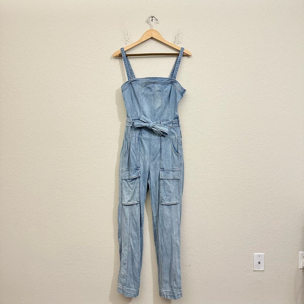 FREE PEOPLE Go West Jumpsuit Blue Denim Linen Cutout Belted Overall